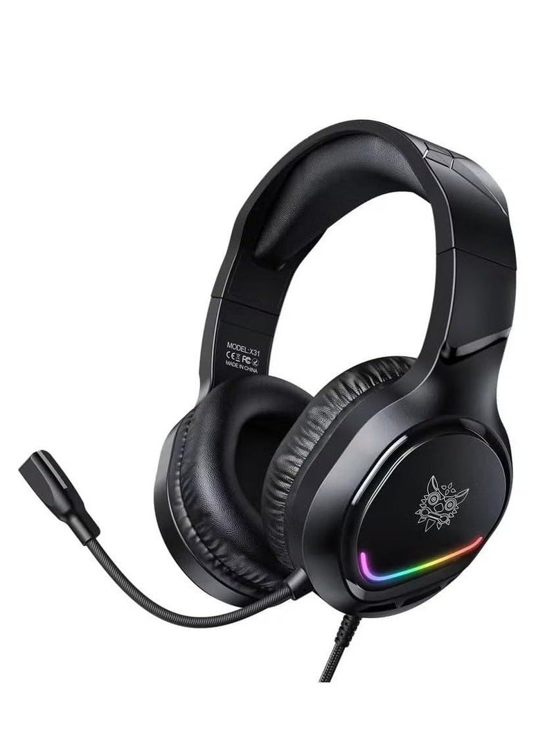 onikuma Wired Gaming Headset X31 with Hi-Res Surround Sound , Noise cancelling Microphone for Clear Communication During Gaming , RGB Lighting Adds a Touch of Beauty to Your Desk , Ergonomic Design with Soft Ear Cushions and Adjustable Headband , Compatible with PC, PS5, Xbox, and Mobile for an Immersive Gaming Experience on All Platforms - Image 1